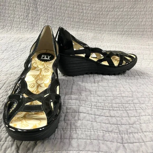 Fly London Wedge Size 41 EU 10 US Yadi Interwoven Straps Peep Toe Black Patent - Picture 12 of 13